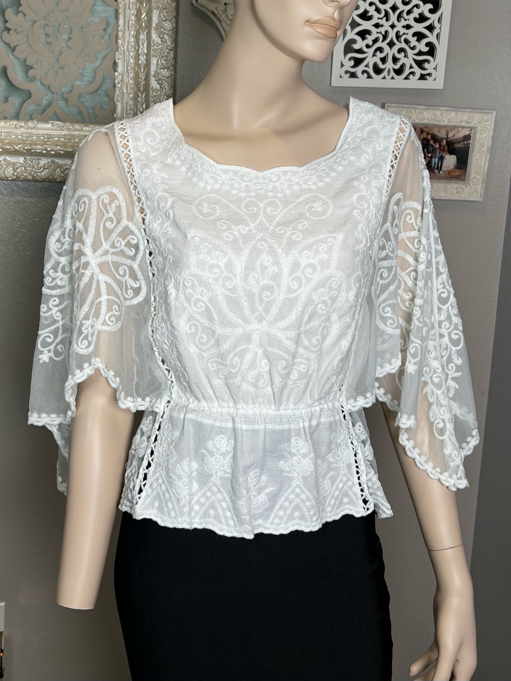 White Embroidered Lace Peplum Top - Women's